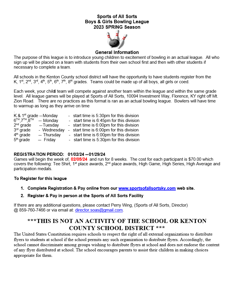 Kenton County Schools Grade & Middle School Bowling Leagues | Sports of all  Sorts KY